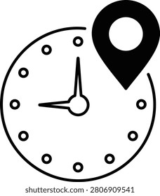 Line icon of a wall clock with a solid location map pin, perfect for logistics, shipping ETA, time-based location services, and delivery tracking.