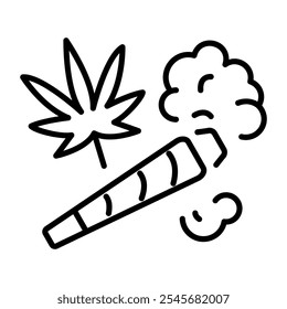 A line icon of a weed joint with smoke and a marijuana leaf 