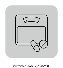 Line icon of weighing scale with two pills beside it. Relationship between weight and medication management concept