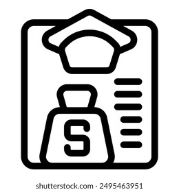 Line icon of a weight scale measuring a bag of money, representing the concept of wealth