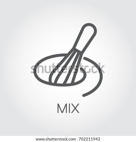 Line icon of whisk for mixing eggs, dough, sauce and other ingredients for cooking. Kitchen utensils outline label. Graphic pictograph on a gray background. Vector illustration