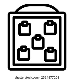 Line icon of a whiteboard with five documents attached, ideal for representing brainstorming sessions