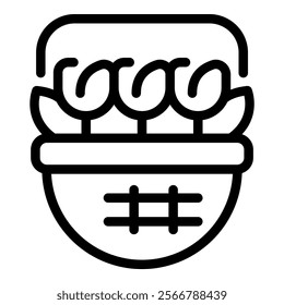 Line icon of a wicker basket full of tulips, perfect for spring decoration