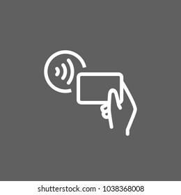 Line icon of wi-fi symbol and hand holding mobile phone. Wi-fi connection, router, wi-fi access point. Communication concept. Can be used for web pictograms, design and application icons