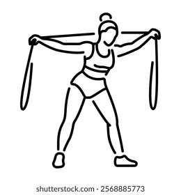A line icon of a woman doing exercise with resistance band 