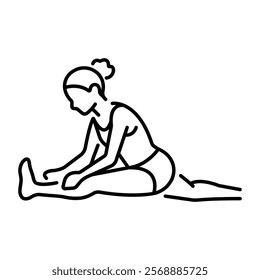 A line icon of a woman doing leg stretching exercise 