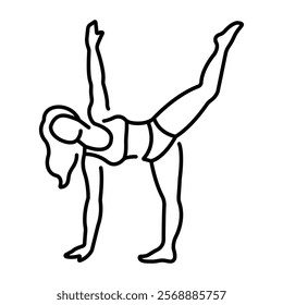 A line icon of a woman doing a yoga pose 