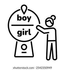 A line icon of a woman with gender reveal rotating board