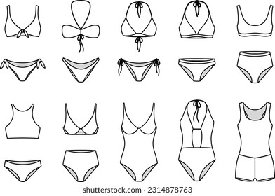 Line icon women's one piece swimsuit and bikini vector illustrations, front view, white color, editable mockup template.