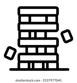 Line icon of a wooden block tower game falling down, perfect for topics like board games and fun