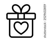 Line icon of a wrapped gift with a heart symbol in the center, symbolizing love, affection, and thoughtful presents for special events. Editable stroke.