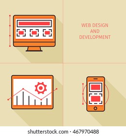 Line icones set with orange and pink flat design elements of seo icon, software icon and web design creating. Modern vector pictogram collection concept.