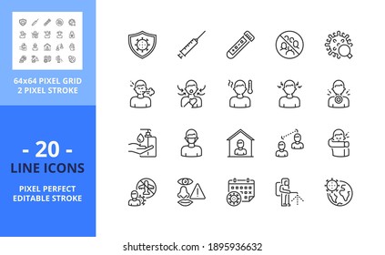 Iconos de línea alrededor de 2019-nCoV. Atención de la salud. Contiene iconos como test, PCR, vacuna, fiebre, tos, dolor de cabeza, máscara facial, sanitizer y virus. Trazo editable. Vector: cuadrícula perfecta de 64 píxeles.