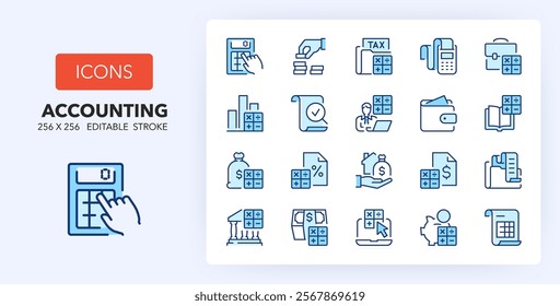 Line icons about accounting, financial concepts. Contains such icons as tax, loan, balance and more. 256x256 Pixel Perfect editable in two colors