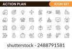 Line icons about action plan. Contains such icons as search strategy, target, scheme, timeline and workflow.Action plan set of web icons in line style. Strategy action planning icons.