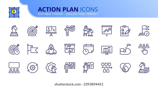 Zeilensymbole zum Aktionsplan. Enthält Symbole wie Suchstrategie, Ziel, Schema, Zeitleiste und Workflow. Bearbeitbarer Strich. Vector 256x256 Pixel perfekt.