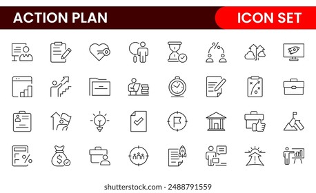 Zeilensymbole zum Action-Paket. Enthält Symbole wie Suchstrategie, Ziel, Schema, Zeitachse und Workflow.Action Paket Set von Web-Symbolen im Linienstil. Symbole für die Strategieaktionsplanung.