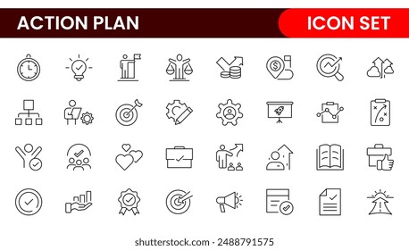 Line icons about action plan. Contains such icons as search strategy, target, scheme, timeline and workflow.Action plan set of web icons in line style. Strategy action planning icons.