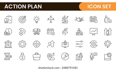 Line icons about action plan. Contains such icons as search strategy, target, scheme, timeline and workflow.Action plan set of web icons in line style. Strategy action planning icons.