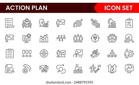 Line icons about action plan. Contains such icons as search strategy, target, scheme, timeline and workflow.Action plan set of web icons in line style. Strategy action planning icons.