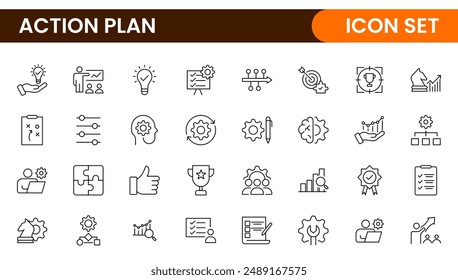 Iconos de línea sobre el Plan de acción. Contiene iconos como estrategia de búsqueda, destino, esquema, línea de tiempo y flujo de trabajo.Conjunto de Planes web de acción en estilo de línea. Iconos de planificación de acción de estrategia.