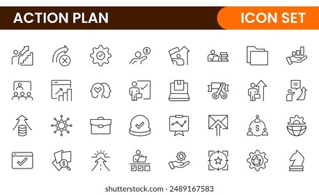 Zeilensymbole zum Action-Paket. Enthält Symbole wie Suchstrategie, Ziel, Schema, Zeitachse und Workflow.Action Paket Set von Web-Symbolen im Linienstil. Symbole für die Strategieaktionsplanung.