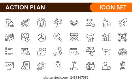 Zeilensymbole zum Action-Paket. Enthält Symbole wie Suchstrategie, Ziel, Schema, Zeitachse und Workflow.Action Paket Set von Web-Symbolen im Linienstil. Symbole für die Strategieaktionsplanung.