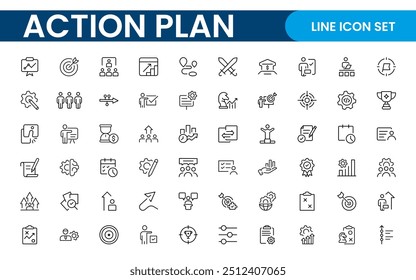 Liniensymbole über den Aktionsplan. Enthält Symbole wie Suchstrategie, Ziel, Schema, Zeitachse und Workflow.Aktionsplan Satz von Web-Symbole im Linienstil. Symbole für die Strategieaktionsplanung.