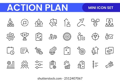 Line icons about action plan. Contains such icons as search strategy, target, scheme, timeline and workflow.Action plan set of web icons in line style. Strategy action planning icons.