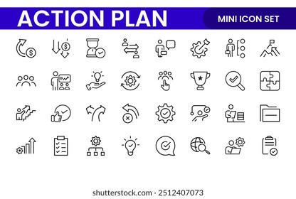 Ícones de linha sobre o plano de ação. Contém ícones como estratégia de pesquisa, destino, esquema, linha do tempo e fluxo de trabalho.Plano de ação conjunto de ícones da Web no estilo de linha. Ícones de planejamento de ação de estratégia.