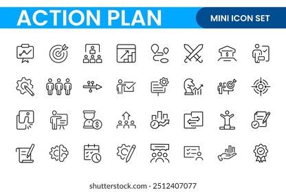 Line icons about action plan. Contains such icons as search strategy, target, scheme, timeline and workflow.Action plan set of web icons in line style. Strategy action planning icons.