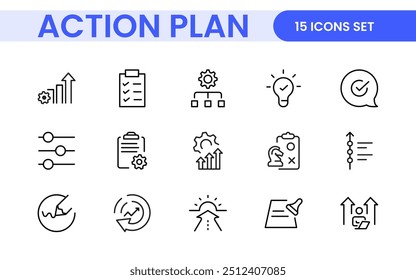 Iconos de línea sobre el Plan de acción. Contiene íconos como estrategia de búsqueda, destino, esquema, línea de tiempo y flujo de trabajo. Conjunto de Planes de acción de íconos web en estilo de línea. Iconos de planificación de acción de estrategia.