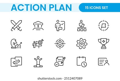 Line icons about action plan. Contains such icons as search strategy, target, scheme, timeline and workflow.Action plan set of web icons in line style. Strategy action planning icons.