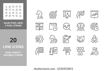 Iconos de línea sobre el Plan de acción. Trazo de Vector editable. 64 y 256 Pixel Perfecto escalable a 128px...