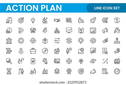 Iconos de línea sobre el Plan de acción. Contiene íconos como estrategia de búsqueda, destino, esquema, línea de tiempo y flujo de trabajo. Conjunto de Planes de acción de íconos web en estilo de línea. Iconos de planificación de acción de estrategia.