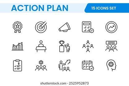 Line icons about action plan. Contains such icons as search strategy, target, scheme, timeline and workflow.Action plan set of web icons in line style. Strategy action planning icons.