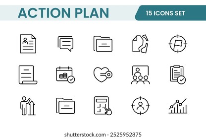 Iconos de línea sobre el Plan de acción. Contiene íconos como estrategia de búsqueda, destino, esquema, línea de tiempo y flujo de trabajo. Conjunto de Planes de acción de íconos web en estilo de línea. Iconos de planificación de acción de estrategia.