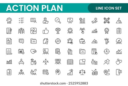 Liniensymbole über den Aktionsplan. Enthält Symbole wie Suchstrategie, Ziel, Schema, Zeitachse und Workflow.Aktionsplan Satz von Web-Symbole im Linienstil. Symbole für die Strategieaktionsplanung.