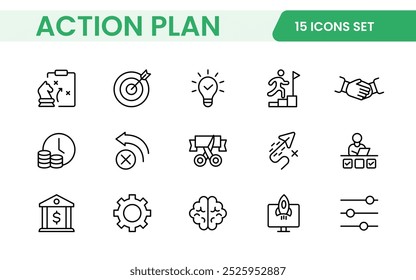 Iconos de línea sobre el Plan de acción. Contiene íconos como estrategia de búsqueda, destino, esquema, línea de tiempo y flujo de trabajo. Conjunto de Planes de acción de íconos web en estilo de línea. Iconos de planificación de acción de estrategia.