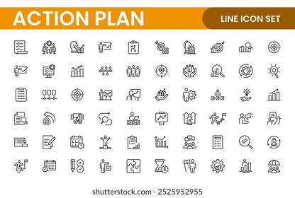 Liniensymbole über den Aktionsplan. Enthält Symbole wie Suchstrategie, Ziel, Schema, Zeitachse und Workflow.Aktionsplan Satz von Web-Symbole im Linienstil. Symbole für die Strategieaktionsplanung.