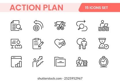 Liniensymbole über den Aktionsplan. Enthält Symbole wie Suchstrategie, Ziel, Schema, Zeitachse und Workflow.Aktionsplan Satz von Web-Symbole im Linienstil. Symbole für die Strategieaktionsplanung.
