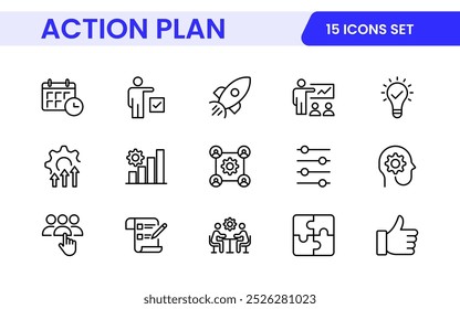 Line icons about action plan. Contains such icons as search strategy, target, scheme, timeline and workflow.Action plan set of web icons in line style. Strategy action planning icons.