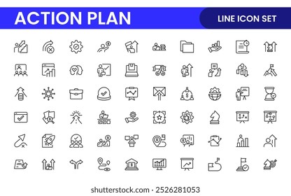 Liniensymbole über den Aktionsplan. Enthält Symbole wie Suchstrategie, Ziel, Schema, Zeitachse und Workflow.Aktionsplan Satz von Web-Symbole im Linienstil. Symbole für die Strategieaktionsplanung.