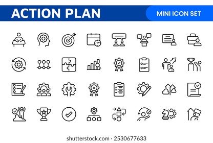 Iconos de línea sobre el Plan de acción. Contiene íconos como estrategia de búsqueda, destino, esquema, línea de tiempo y flujo de trabajo. Conjunto de Planes de acción de íconos web en estilo de línea. Iconos de planificación de acción de estrategia.