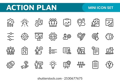 Line icons about action plan. Contains such icons as search strategy, target, scheme, timeline and workflow.Action plan set of web icons in line style. Strategy action planning icons.