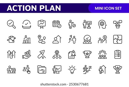 Line icons about action plan. Contains such icons as search strategy, target, scheme, timeline and workflow.Action plan set of web icons in line style. Strategy action planning icons.