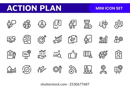 Ícones de linha sobre o plano de ação. Contém ícones como estratégia de pesquisa, destino, esquema, linha do tempo e fluxo de trabalho.Plano de ação conjunto de ícones da Web no estilo de linha. Ícones de planejamento de ação de estratégia.