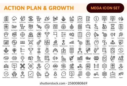 Line icons about action plan. Contains such icons as search strategy, target, scheme, timeline and workflow.Action plan set of web icons in line style. Strategy action planning icons.