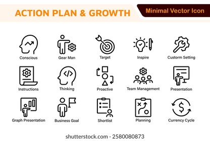 Line icons about action plan. Contains such icons as search strategy, target, scheme, timeline and workflow.Action plan set of web icons in line style. Strategy action planning icons.