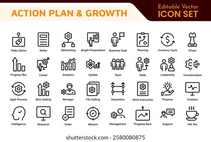 Line icons about action plan. Contains such icons as search strategy, target, scheme, timeline and workflow.Action plan set of web icons in line style. Strategy action planning icons.
